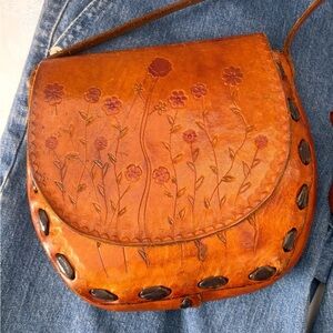 Vintage Tooled Leather Floral Crossbody Bag